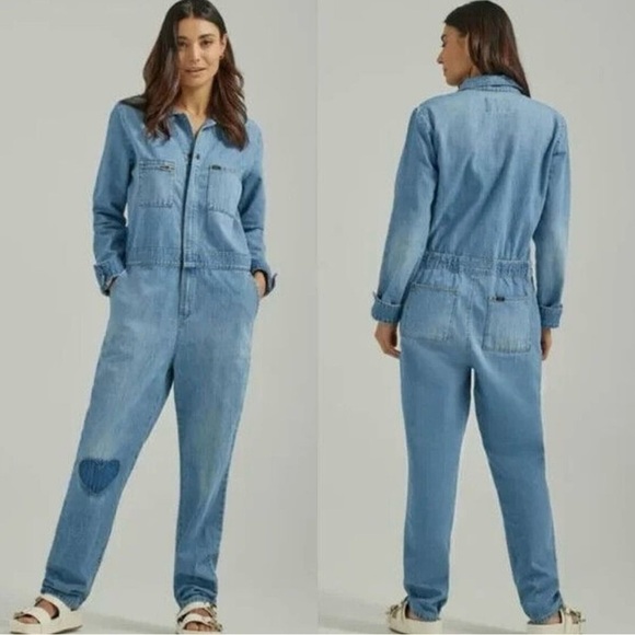 Free People X Lee Jumpsuit Union Alls Denim Heart Patch Bohemian Retro - Picture 1 of 11